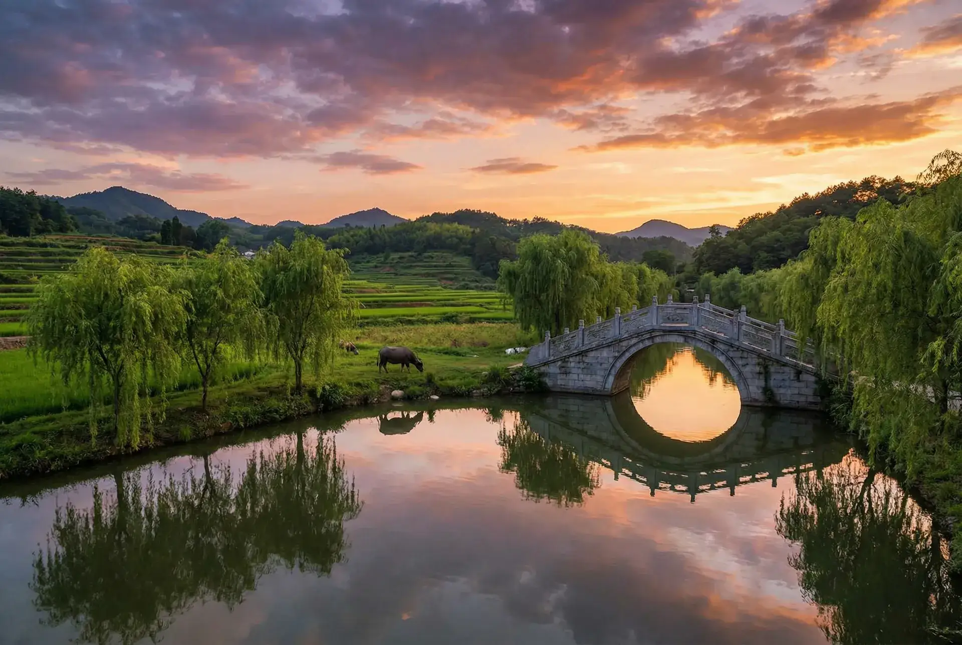 夕阳下的石拱桥与垂柳，水牛在河边吃草 - 蜜桃传媒 乡村美景